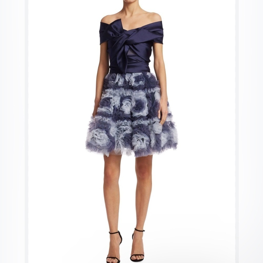 Marchesa Notte Navy Blue Off Shoulder Mikado Mini Cocktail Dress size XS